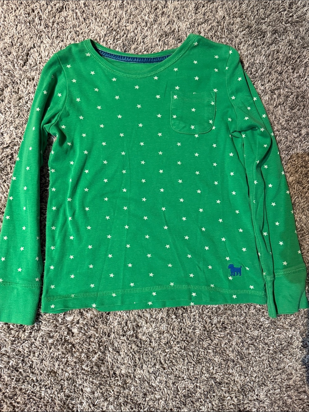 Mini Boden Green Star Long Sleeve Tee with Pocket and Blue Logo